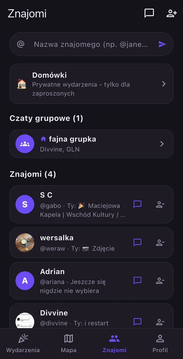 Zakładka znajomych w aplikacji FindParty z czatami i domówkami