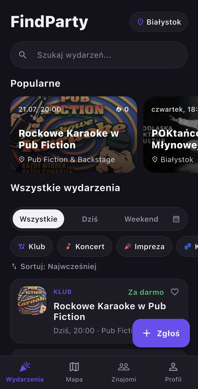 Ekran główny aplikacji FindParty z listą wydarzeń w Białymstoku